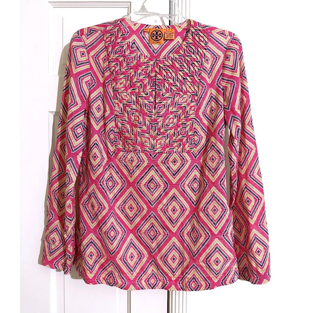 Tory Burch Pink Blouse Top Geometric Diamond Shape Print Pleated Aztec 6